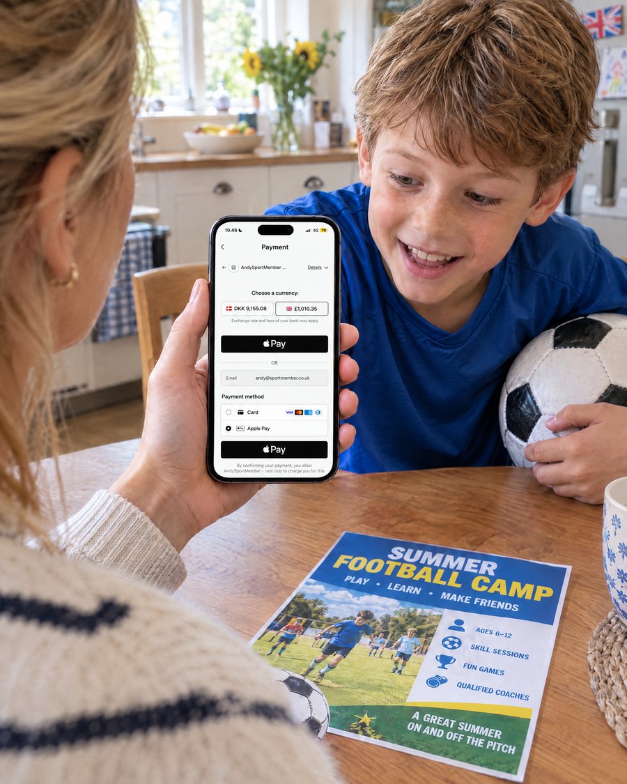 Mother at the kitchen table paying for her son’s summer football camp in the SportMember app