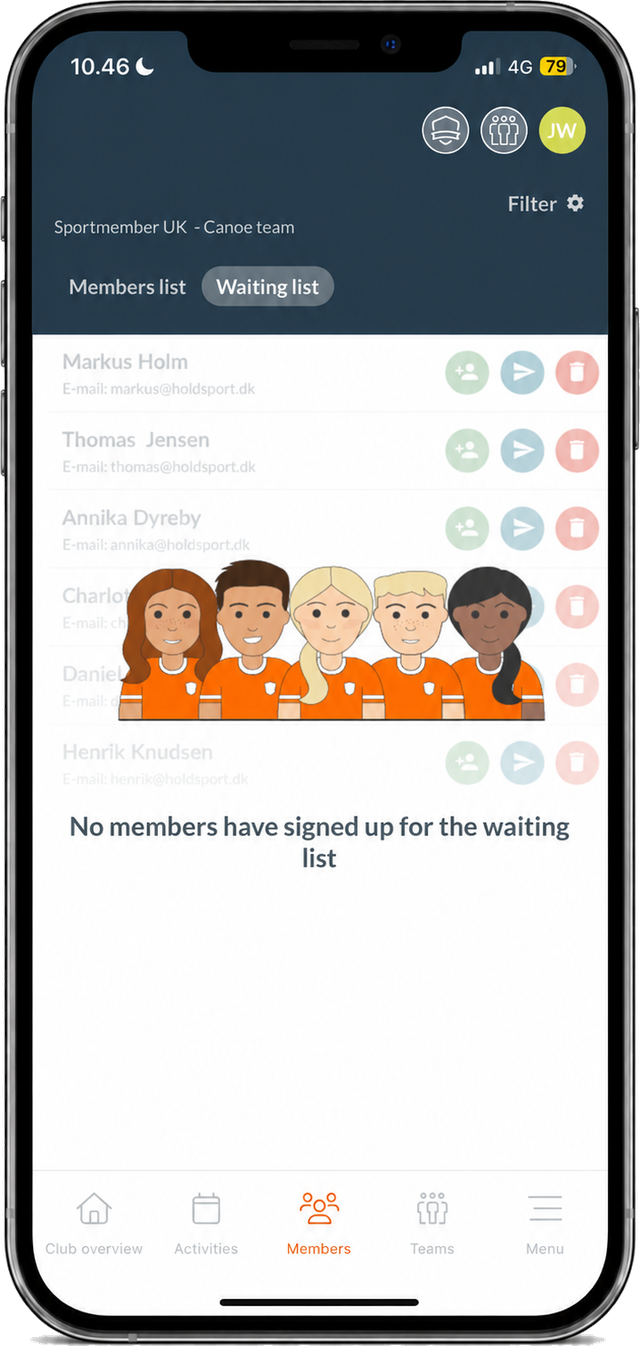 The waiting list for a team in the SportMember app